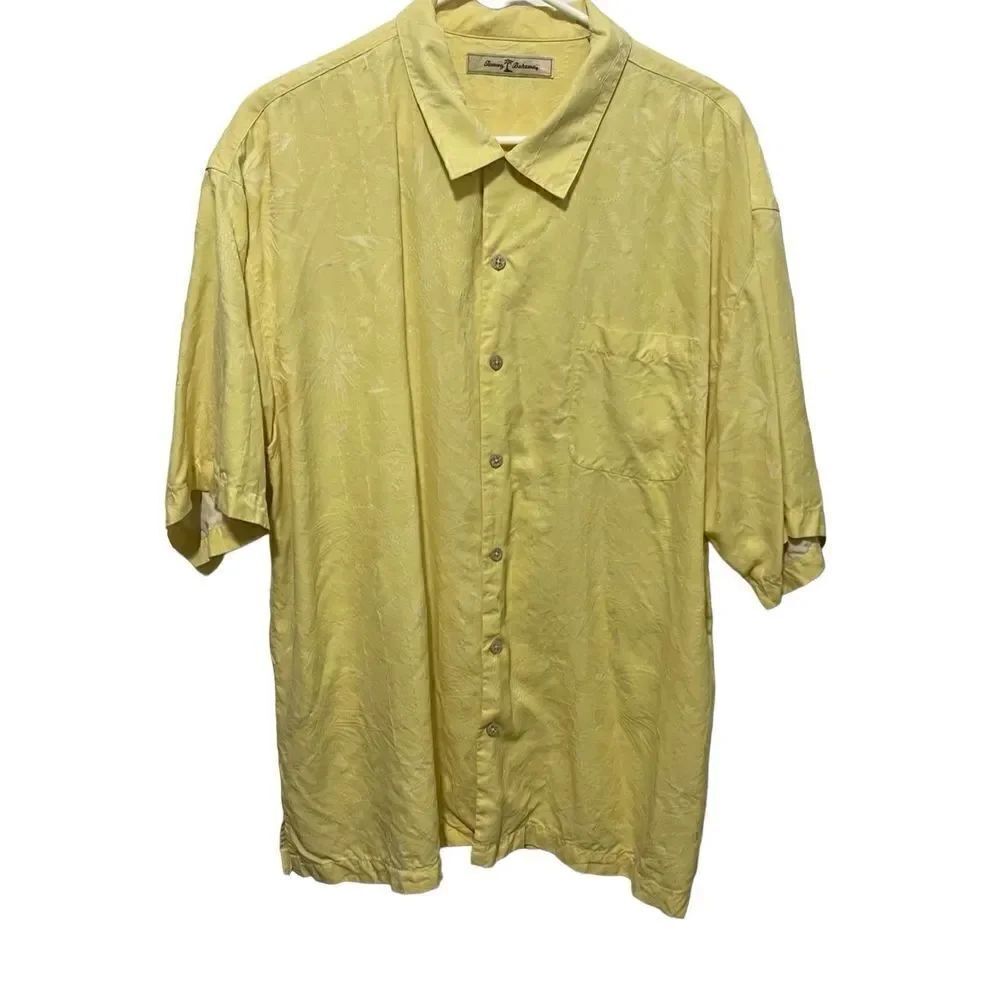 Tommy Bahama Silk Hawaiian Tropical Botanical Yellow Button Front Shirt Men’s XL